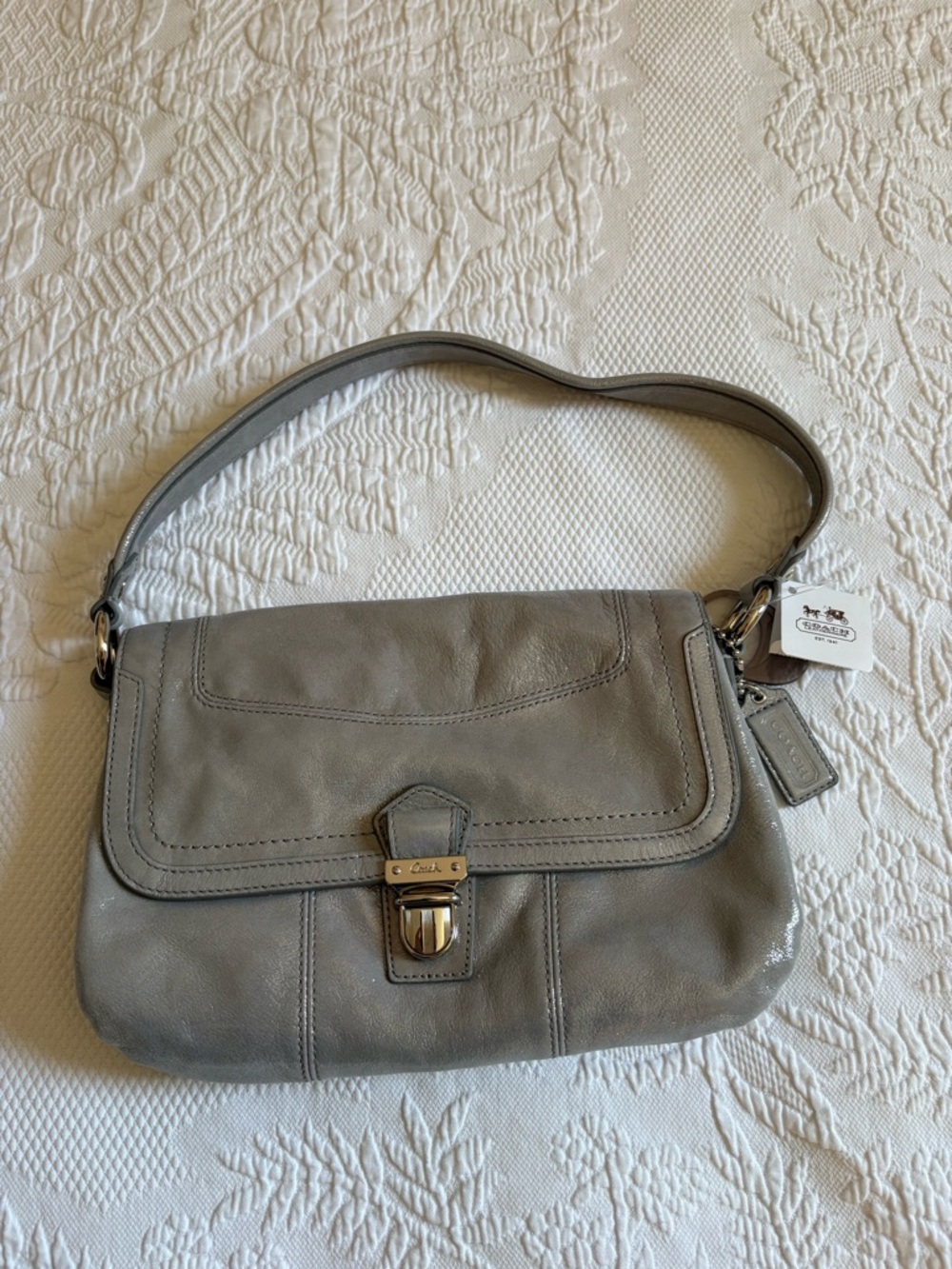 NWT Coach Poppy Silver Shimmer Leather Layla purse bag optional Crossbody strap